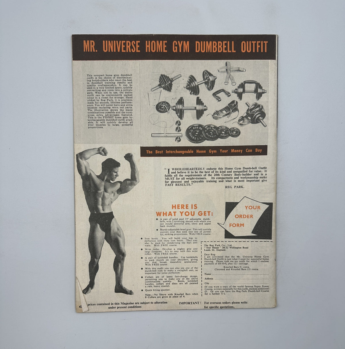 Back cover of The Reg Park Journal Magazine September 1954 promoting the Mr. Universe Home Gym Dumbbell Outfit, with a focus on fitness equipment.