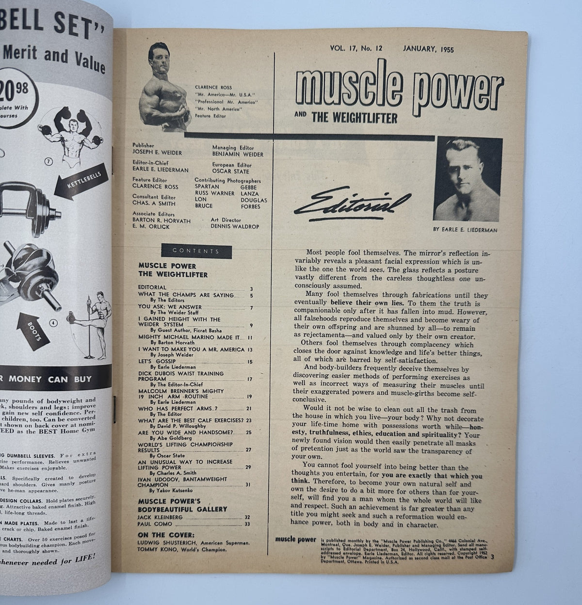 Interior page of Muscle Power Magazine January 1955, including an editorial section and table of contents for the publication.