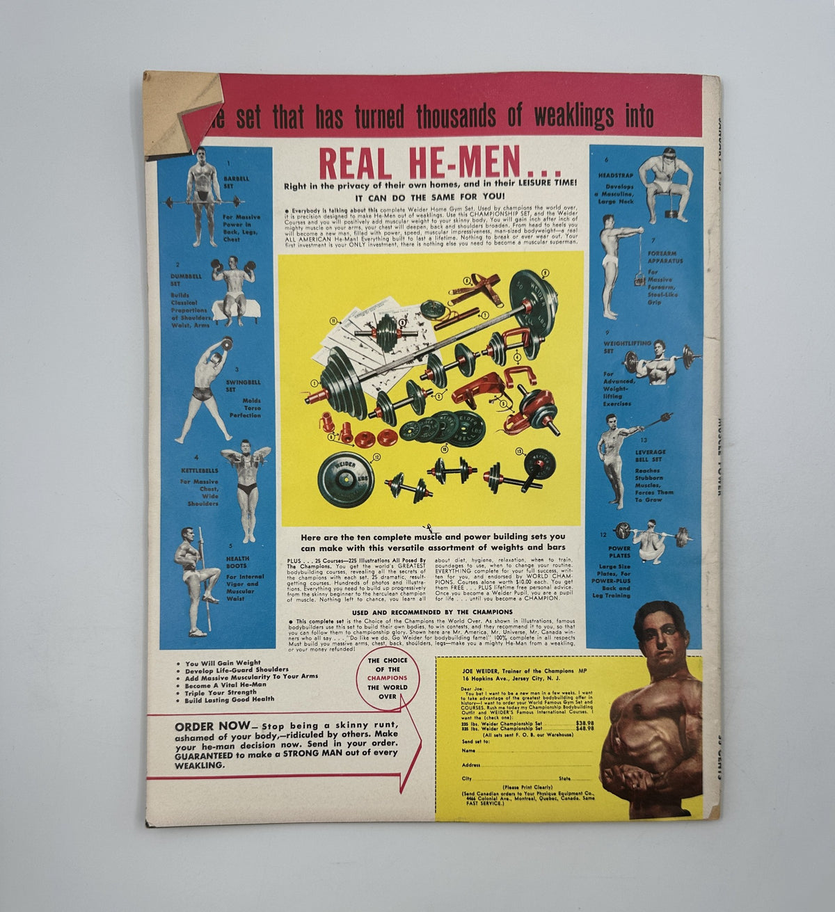 Back cover of Muscle Power Magazine January 1955, advertising a bodybuilding set with illustrations and promotional content.