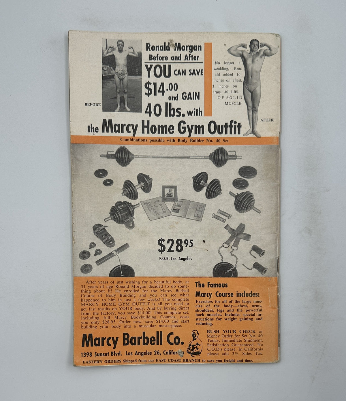 Iron Man Magazine April 1953 advertisement showcasing the Marcy Home Gym Outfit with fitness transformation before and after, offering a comprehensive workout solution.