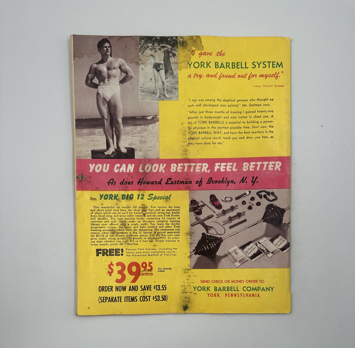 Back cover of Strength and Health Magazine April 1953 advertising the York Barbell System with a message on looking better and feeling better.