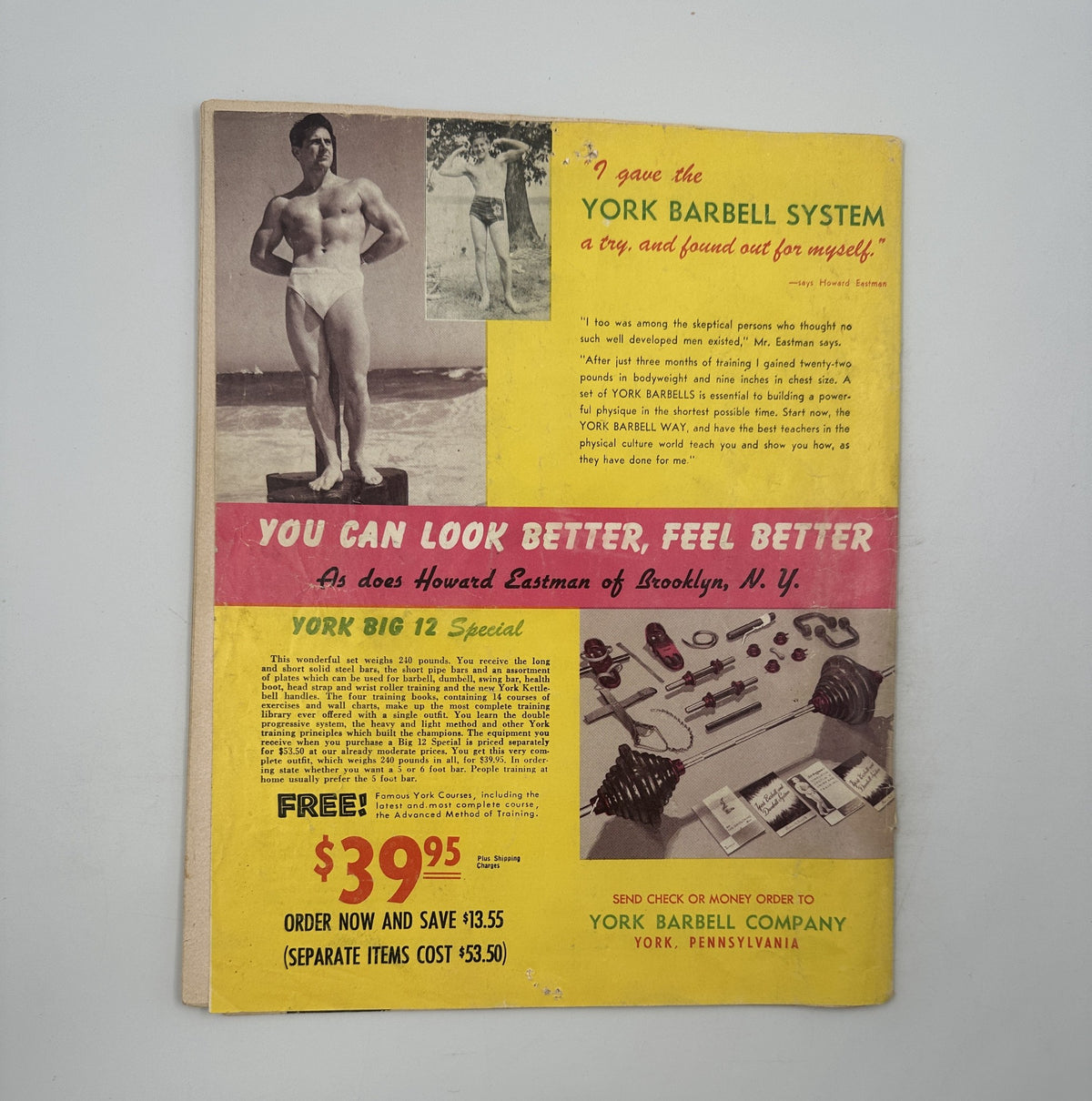 Back cover of Strength and Health Magazine January 1953, featuring an advertisement for the York Barbell System and promoting health benefits.