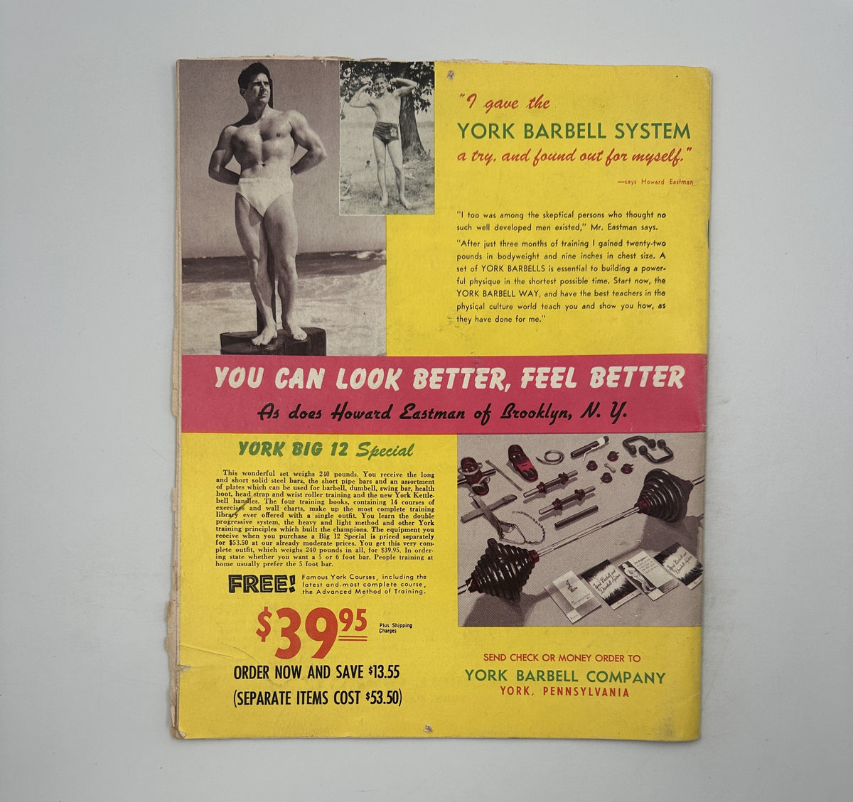Strength and Health Magazine March 1953 back cover advertisement for the York Barbell system, promoting improved health and fitness with a special offer. The image displays a vintage bodybuilding theme.