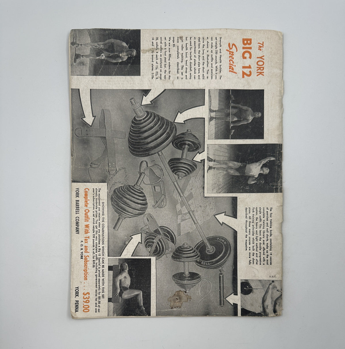 Back cover of Strength and Health Magazine, January 1947, featuring advertisements and images related to fitness equipment.