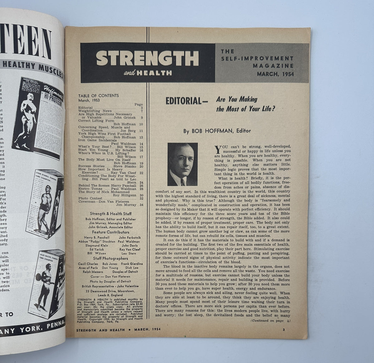 Interior page of Strength and Health Magazine March 1954 with an editorial by Bob Hoffman discussing self-improvement and fitness.