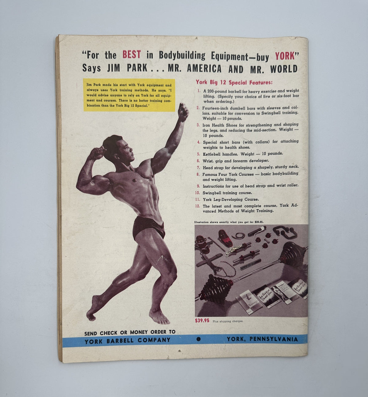 Back cover of Strength and Health Magazine March 1954 promoting York bodybuilding equipment with an image of a bodybuilder in a dynamic pose.