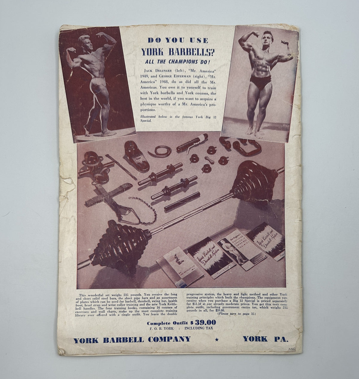 Advertisement page from Strength and Health Magazine, August 1950, promoting York Barbells with images of weightlifting equipment and champion bodybuilder Steve Reeves.