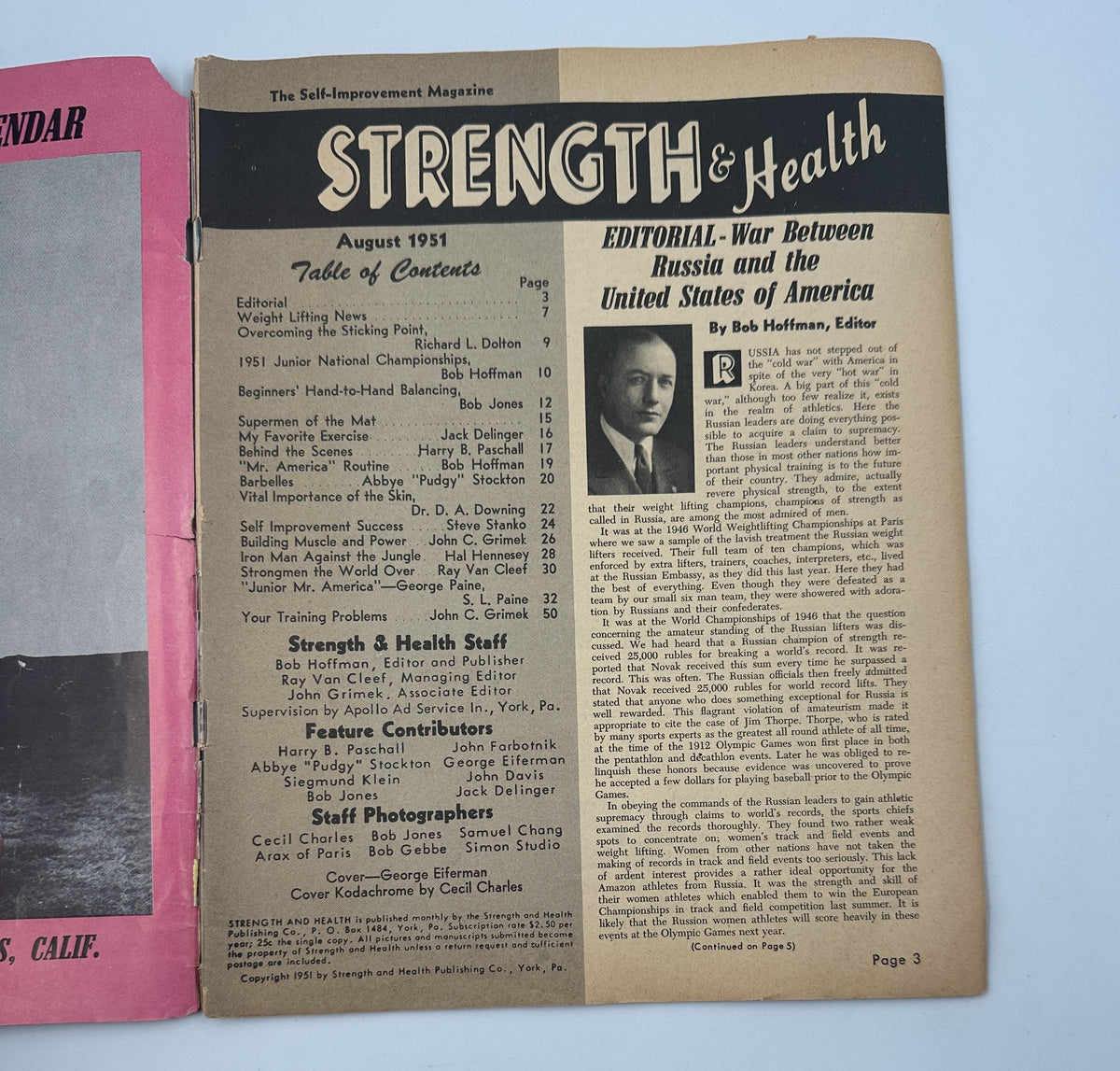 Inside page of Strength and Health Magazine August 1951 displaying the editorial and Table of Contents with articles focused on weightlifting and fitness.