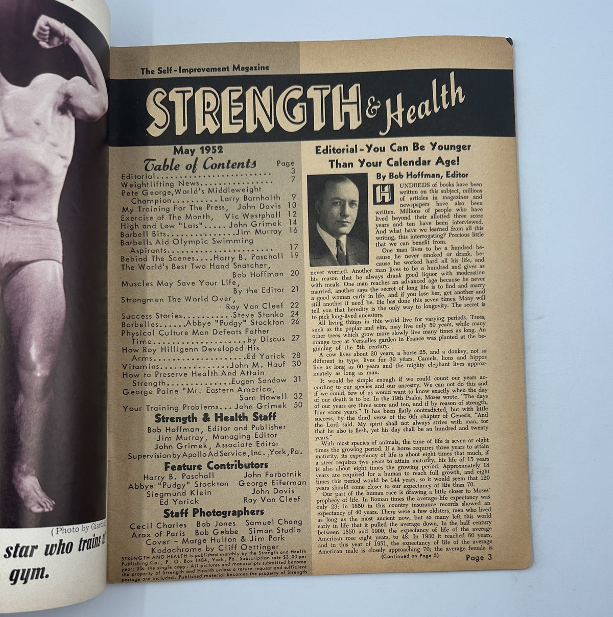 Interior page of Strength and Health Magazine May 1952, displaying the Table of Contents, including articles on fitness, health, and strongman features.