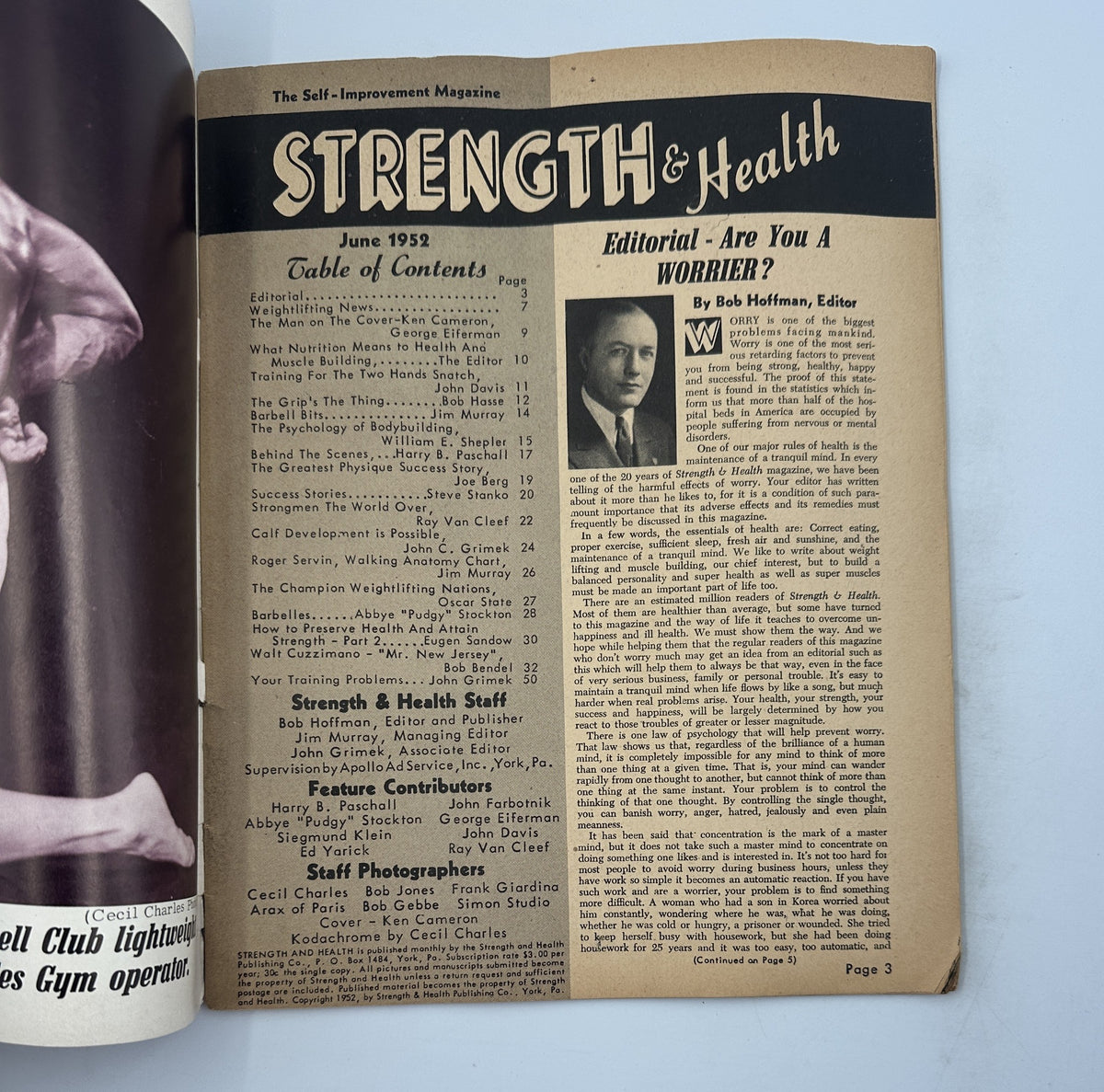 Strength and Health Magazine June 1952 featuring a contents page and editorial section, highlighting articles and topics on fitness, nutrition, and bodybuilding.
