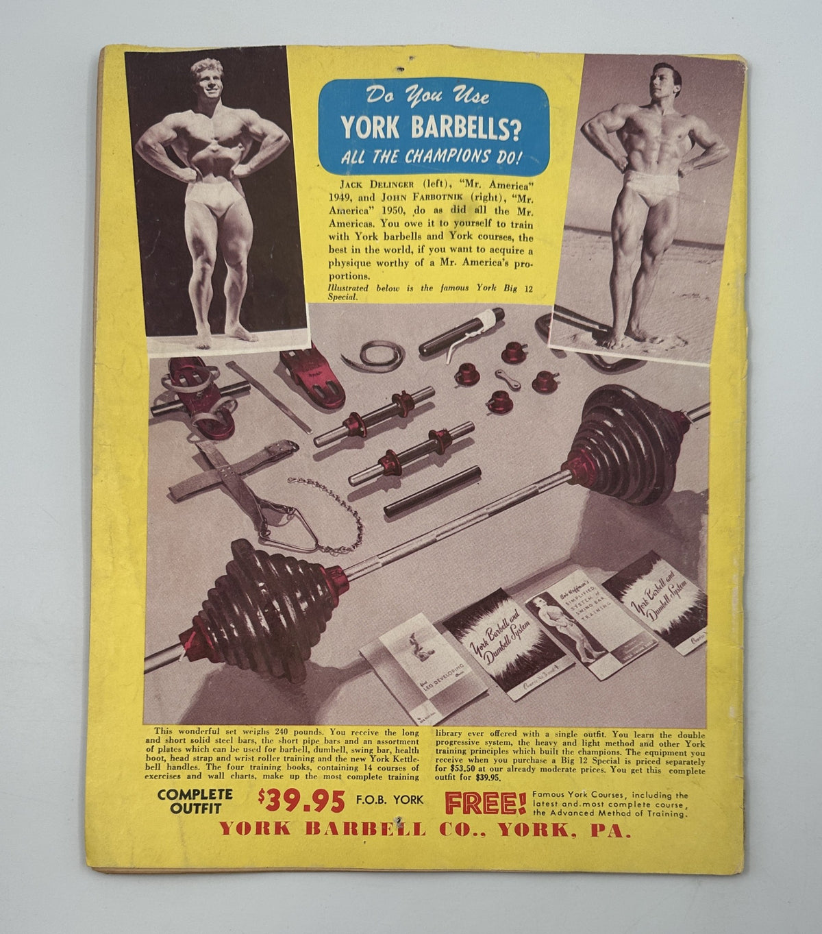 Strength and Health Magazine June 1952 back cover advertisement for York Barbell featuring a muscular man showcasing fitness equipment, promoting the benefits of strength training.