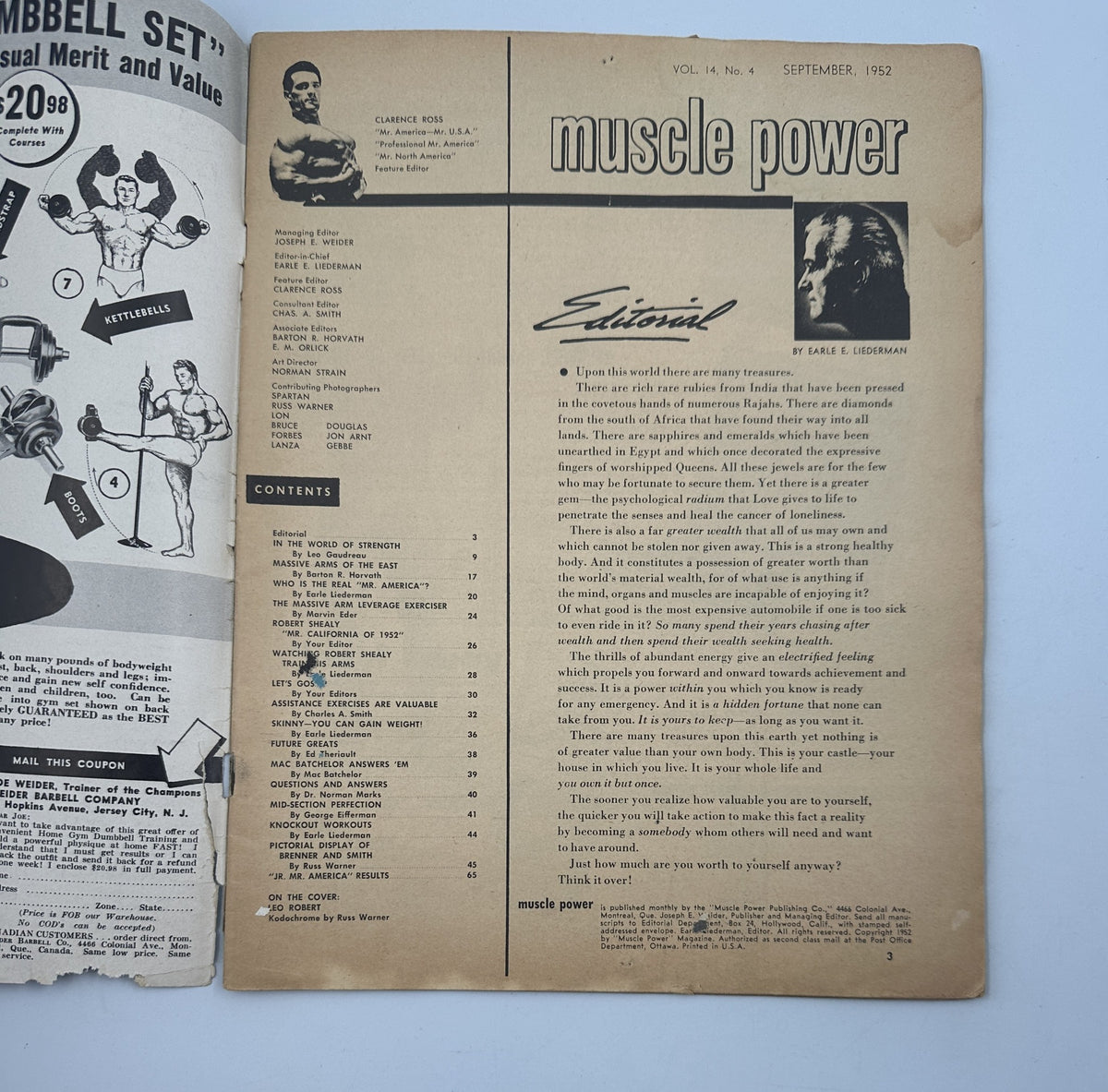 Inside page of Muscle Power Magazine September 1952 featuring the editorial section with a list of contents. It displays the magazine's dedication to strength training and bodybuilding.