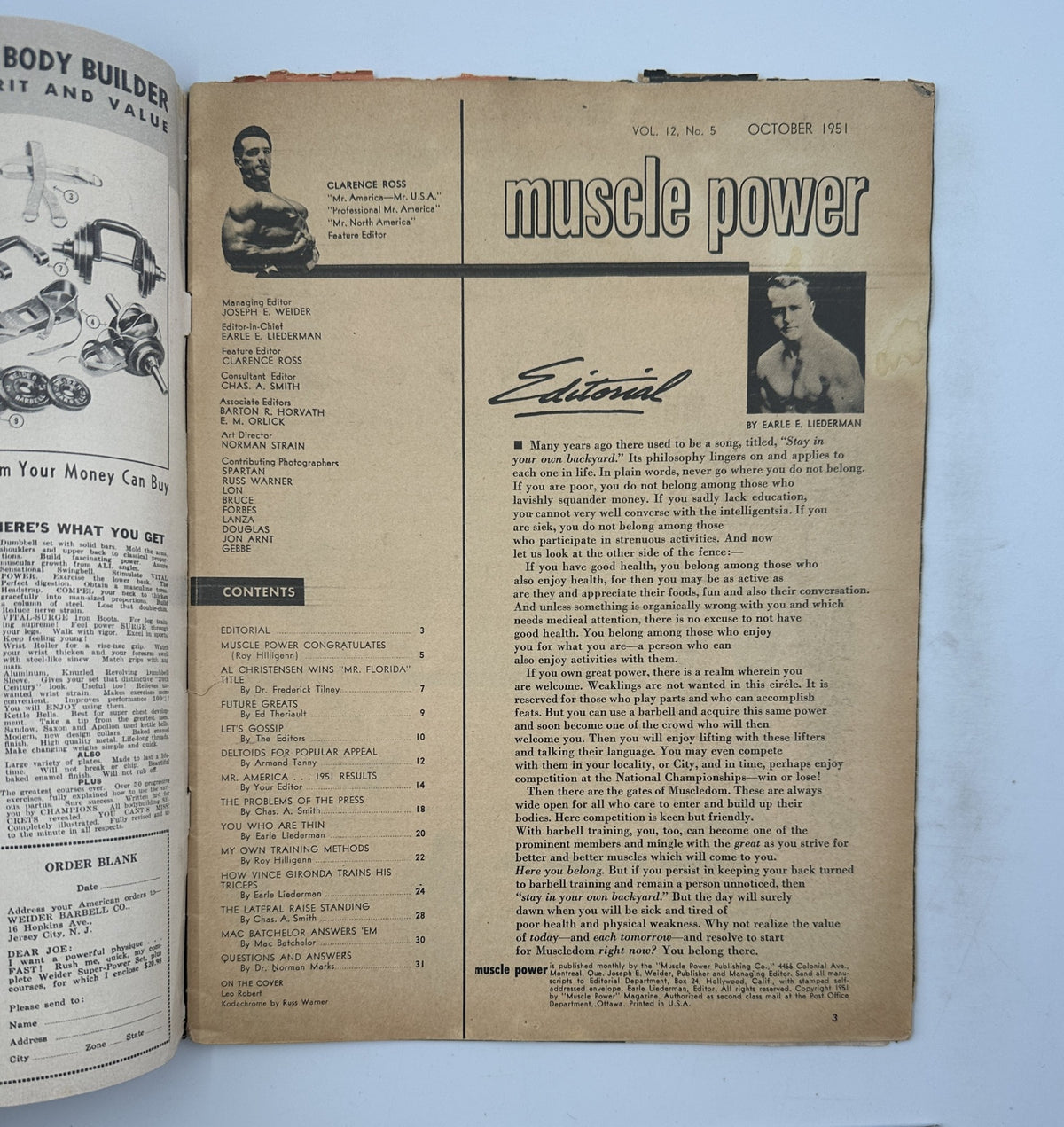 Muscle Power Magazine October 1952 issue featuring an editorial and content list, highlighting prominent bodybuilders like Clarence Ross and Roy Hilligenn. The magazine shows signs of wear but all pages are legible.
