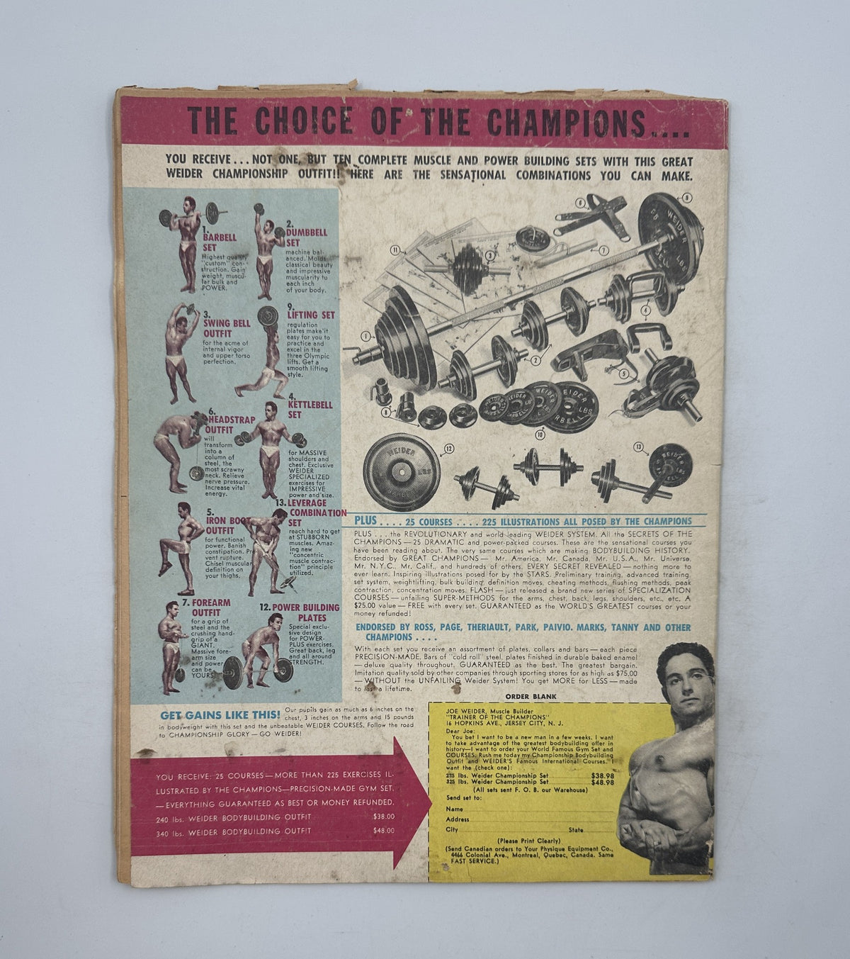 Back cover of Muscle Power Magazine October 1952, promoting Weider bodybuilding equipment with illustrations and workout tips, showcasing a muscular figure and emphasizing the benefits of bodybuilding.