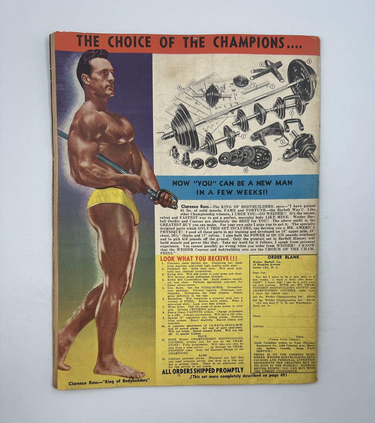 Back cover of Muscle Power Magazine April 1950 featuring Clarence Ross, 'King of Bodybuilding,' promoting bodybuilding transformation products.