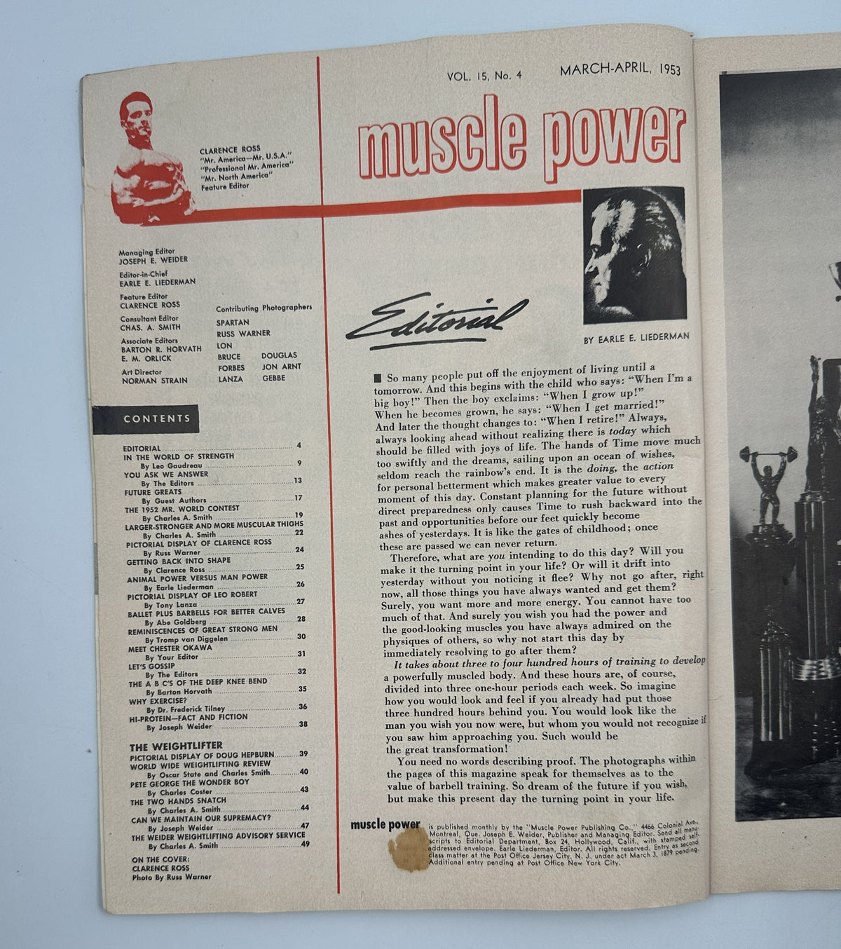 Inside page of Muscle Power Magazine March-April 1953, including editorial column and table of contents with highlights on fitness and bodybuilding.