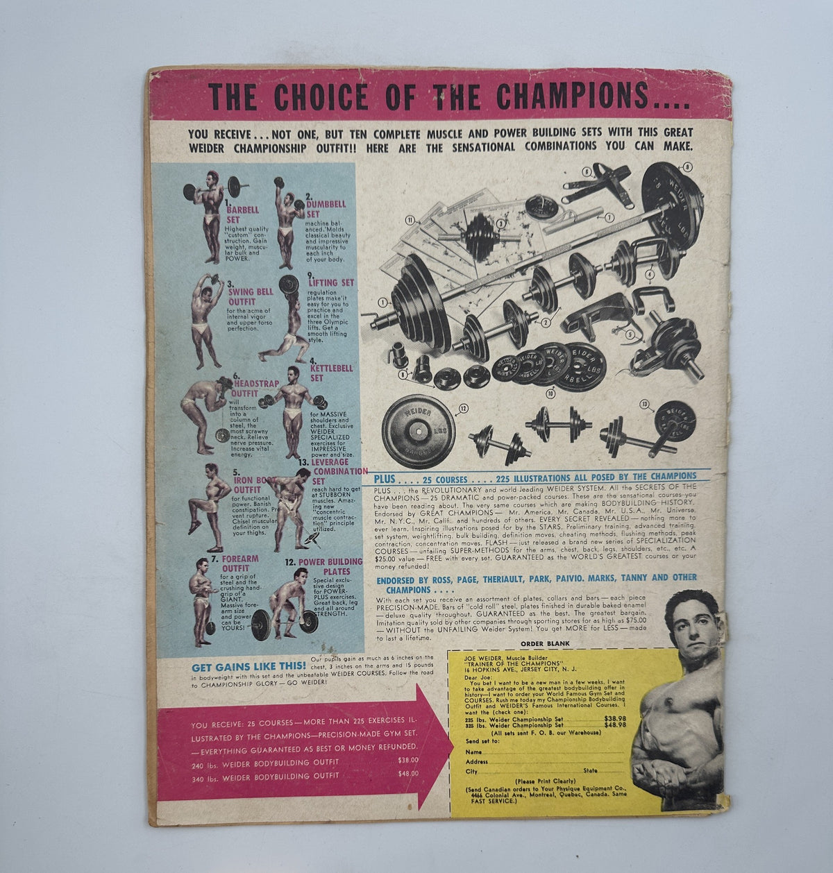 Back cover of Your Physique Magazine December 1951, advertising weight training equipment and programs for bodybuilding enthusiasts.