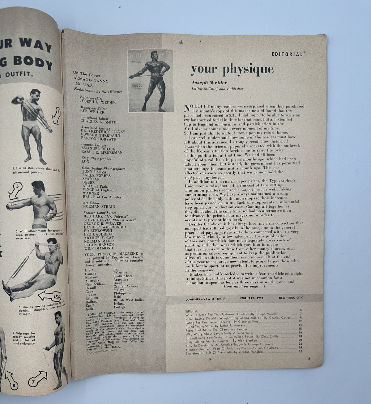 Inside page of Your Physique Magazine February 1952 editorial section, with a focus on bodybuilding and fitness content.