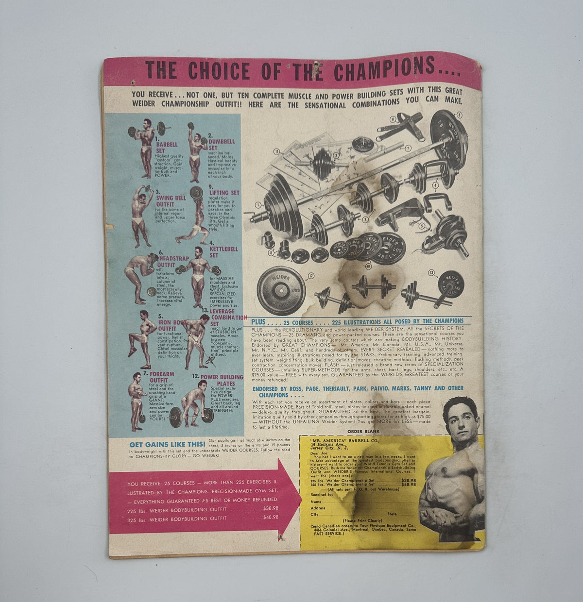 Back cover of Your Physique Magazine February 1952 displaying bodybuilding equipment advertisements and tips for achieving strength.
