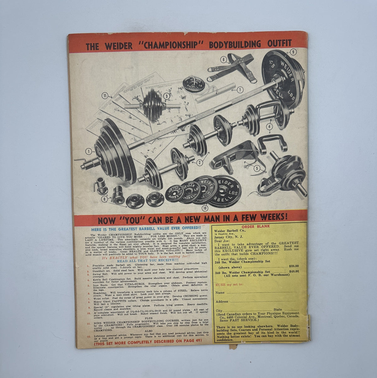 Your Physique Magazine May 1950 back cover showcasing the 'Weider Championship Bodybuilding Outfit' advertisement, detailing various weightlifting equipment and its benefits for fitness enthusiasts.