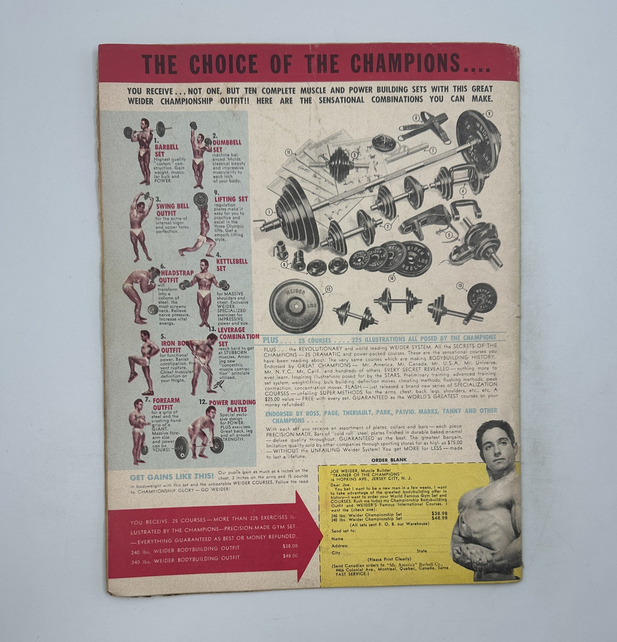 Back cover of Your Physique Magazine July 1951, featuring advertisements for bodybuilding equipment and illustrations of exercise techniques for building muscle.
