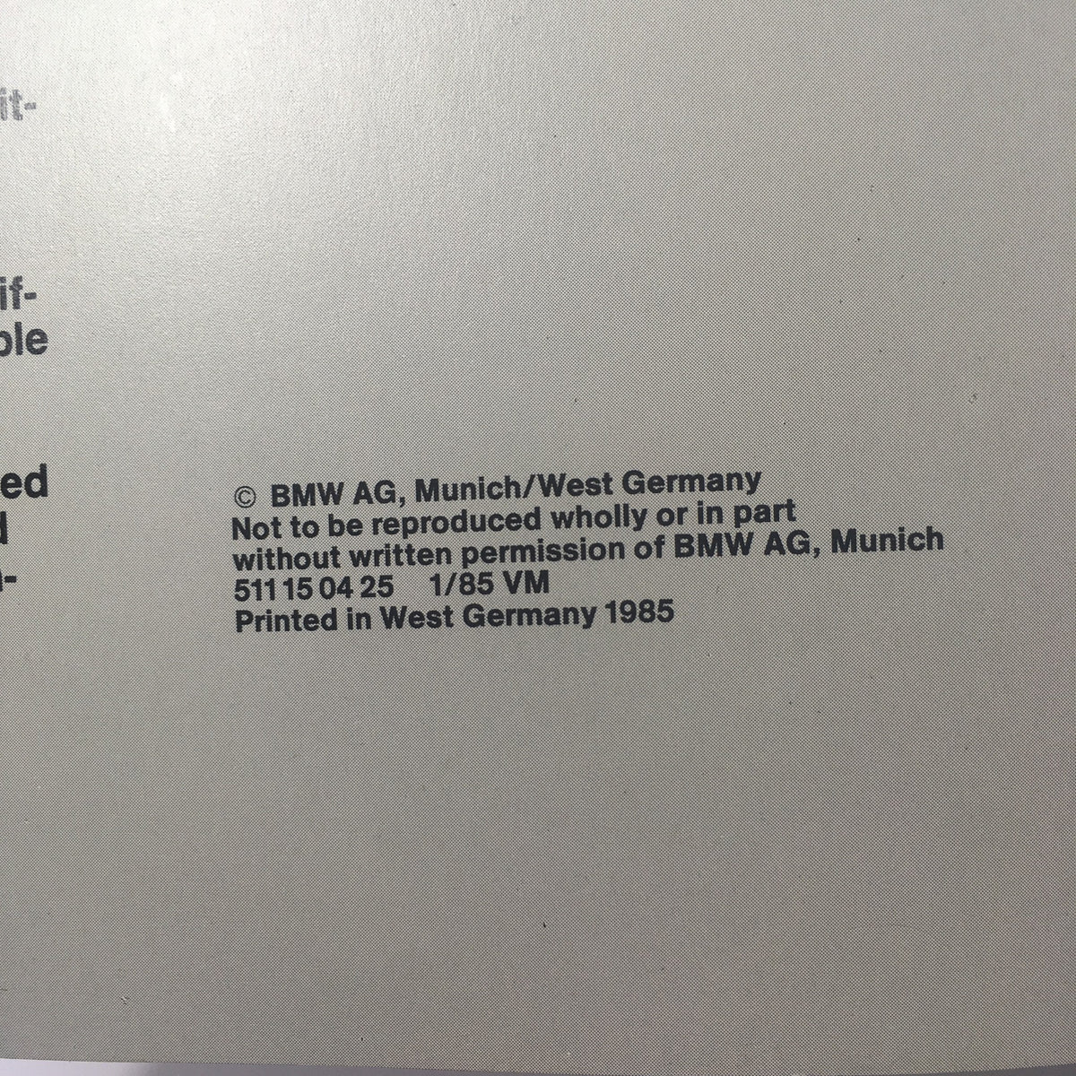 Reproduction notice from the 1994 BMW 7 Series 735i Dealership Car Auto Brochure detailing copyright information from BMW AG, printed in West Germany.