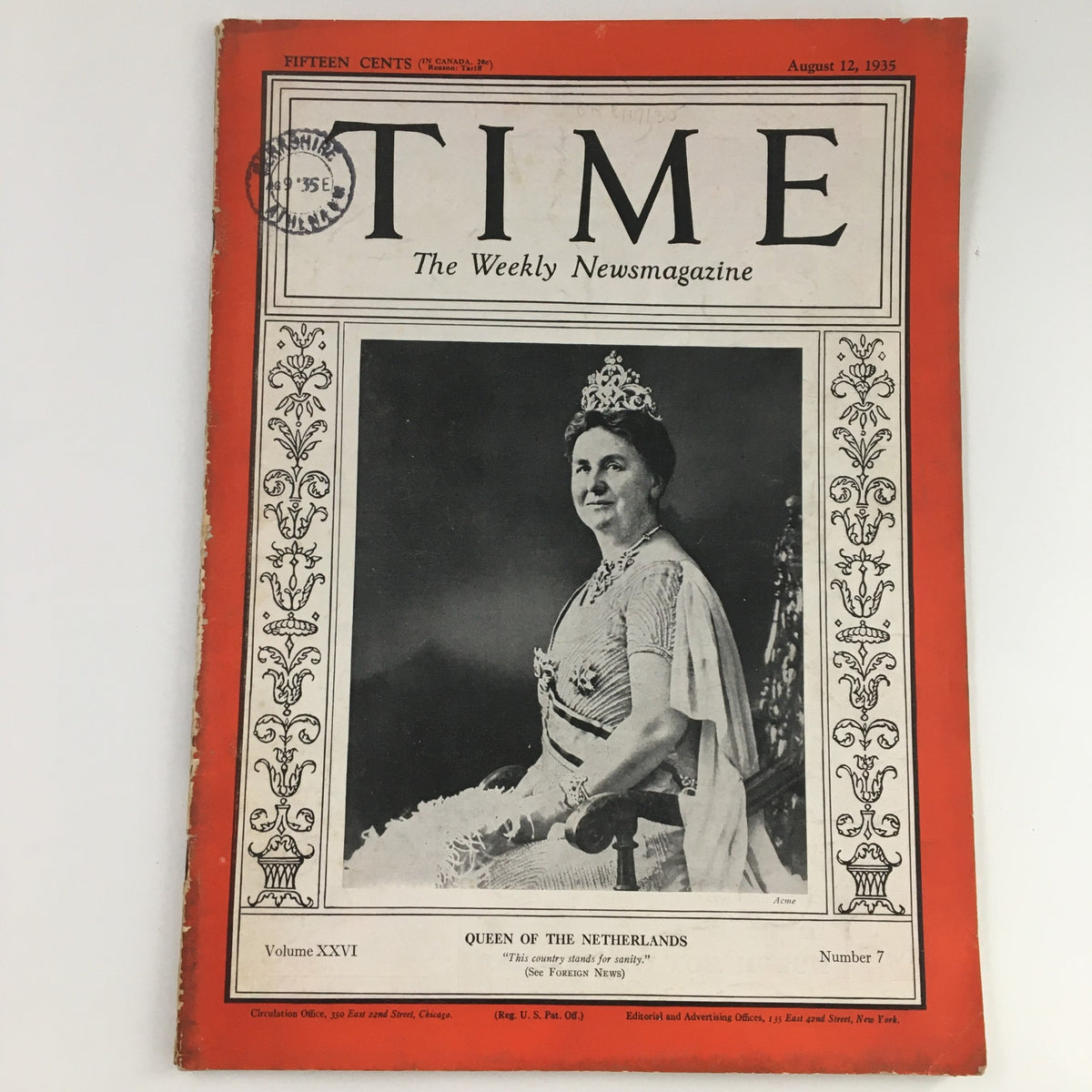 Time Magazine August 12 1935 Vol 26 #7 featuring Queen Wilhelmina of the Netherlands on the cover, showcasing her regal attire and crown.