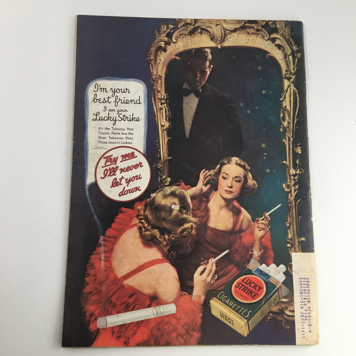 Back cover of Time Magazine August 12 1935 Vol 26 #7, displaying a vintage advertisement for Lucky Strike cigarettes with glamorous imagery.