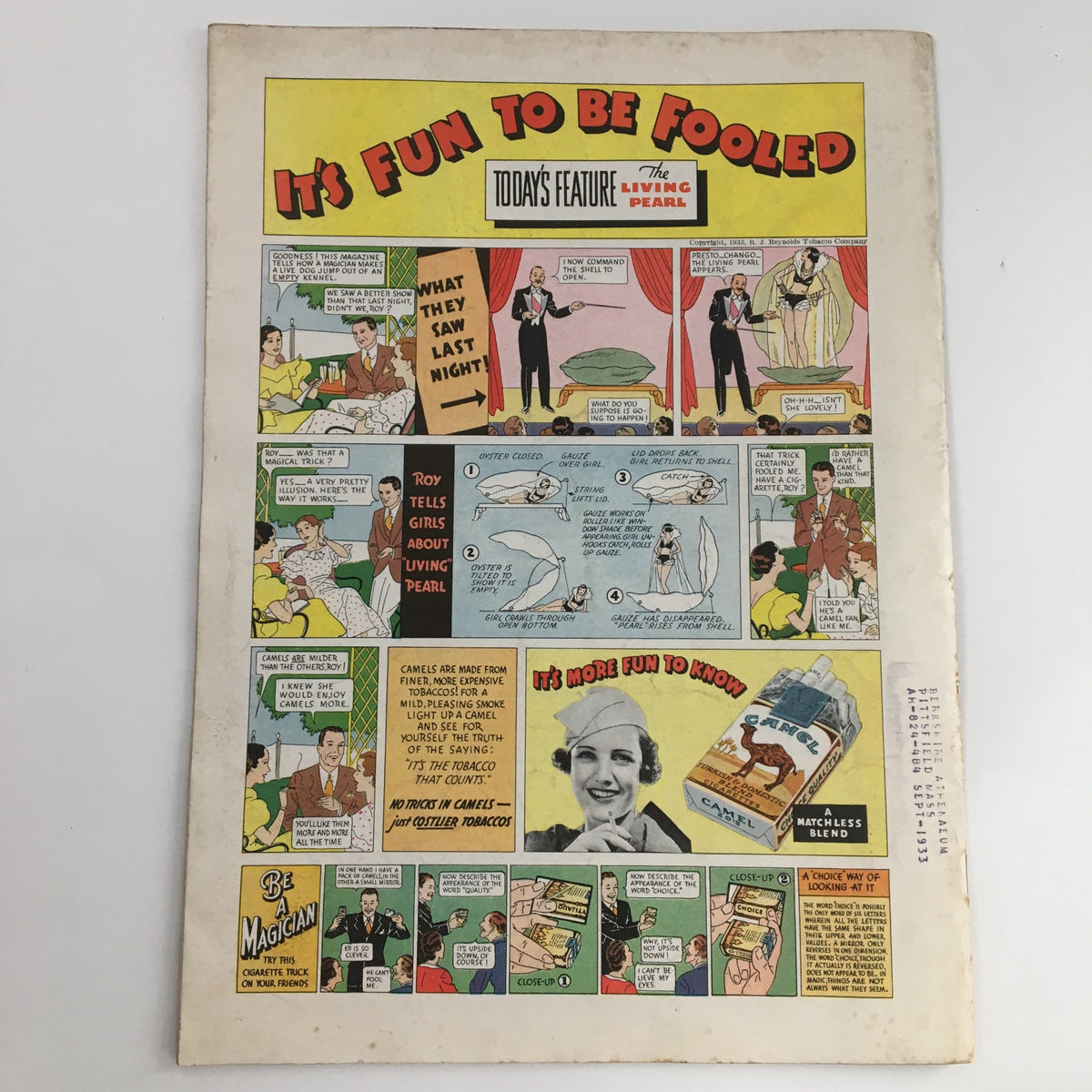 Back cover of Time Magazine August 14 1933 with comic strip titled 'It's Fun to Be Fooled', showcasing a humorous feature with various illustrations and advertisements.
