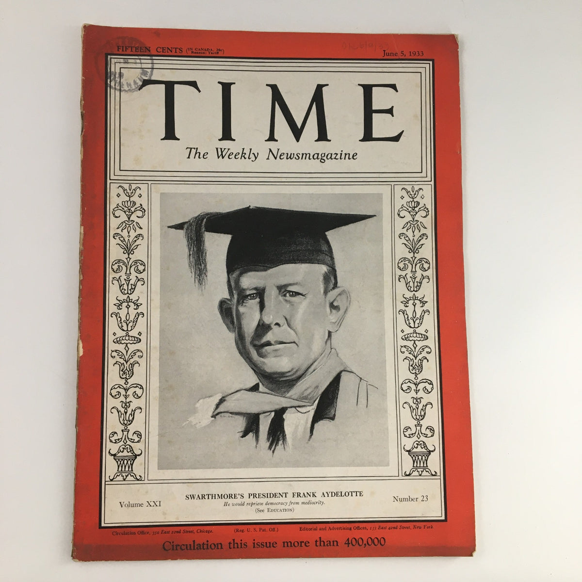 Cover of Time Magazine dated June 5, 1933, featuring Swarthmore's President Frank Aydelotte, showcasing vintage journalism and historical significance.