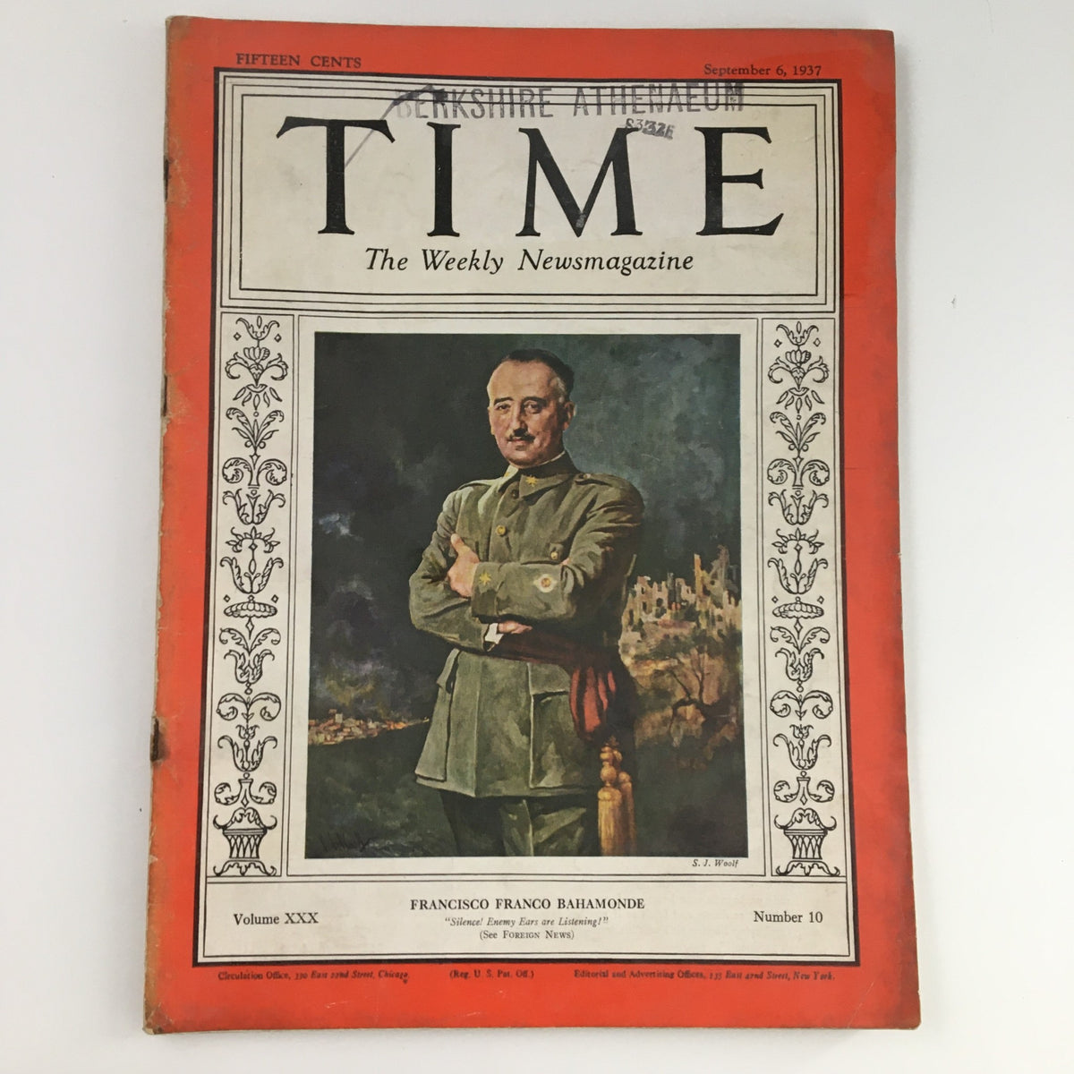Cover of Time Magazine from September 6, 1937, featuring Francisco Franco Bahamonde. The magazine highlights Volume 30, Number 10 with a striking portrait of Franco against a dark background, reflecting the political climate of the Spanish Civil War.