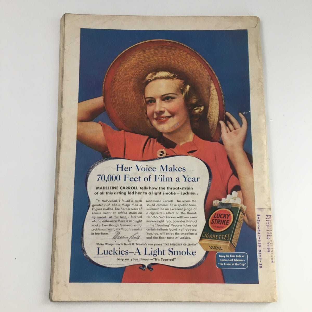 Back cover of the Time Magazine from September 6, 1937 featuring an advertisement for Lucky Strike cigarettes, showcasing actress Madeline Carroll promoting the brand. The ad emphasizes the benefits of Lucky cigarettes for vocal strain.