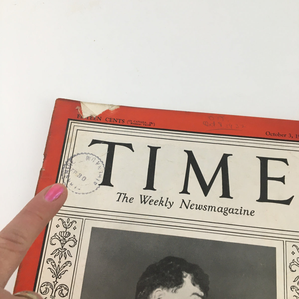 Close-up of the Time Magazine cover dated October 3, 1932, with a focus on Huey Pierce Long Jr. and stamped details, illustrating the magazine's vintage condition.