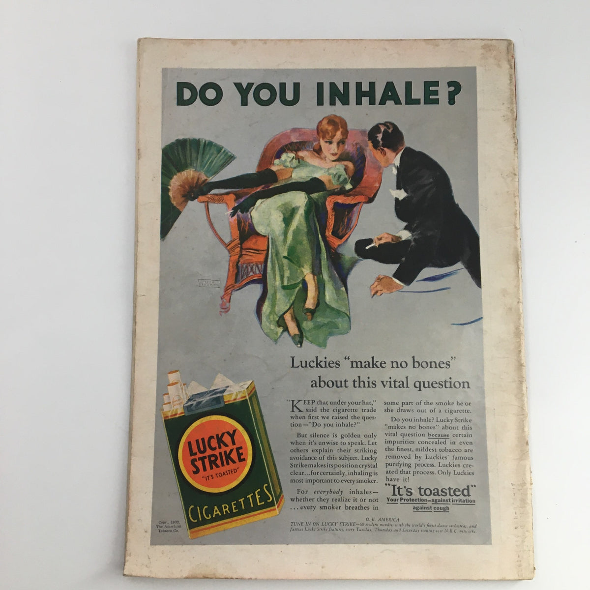 Back cover of Time Magazine from October 3, 1932, featuring an advertisement for Lucky Strike cigarettes, capturing the marketing style of the era.