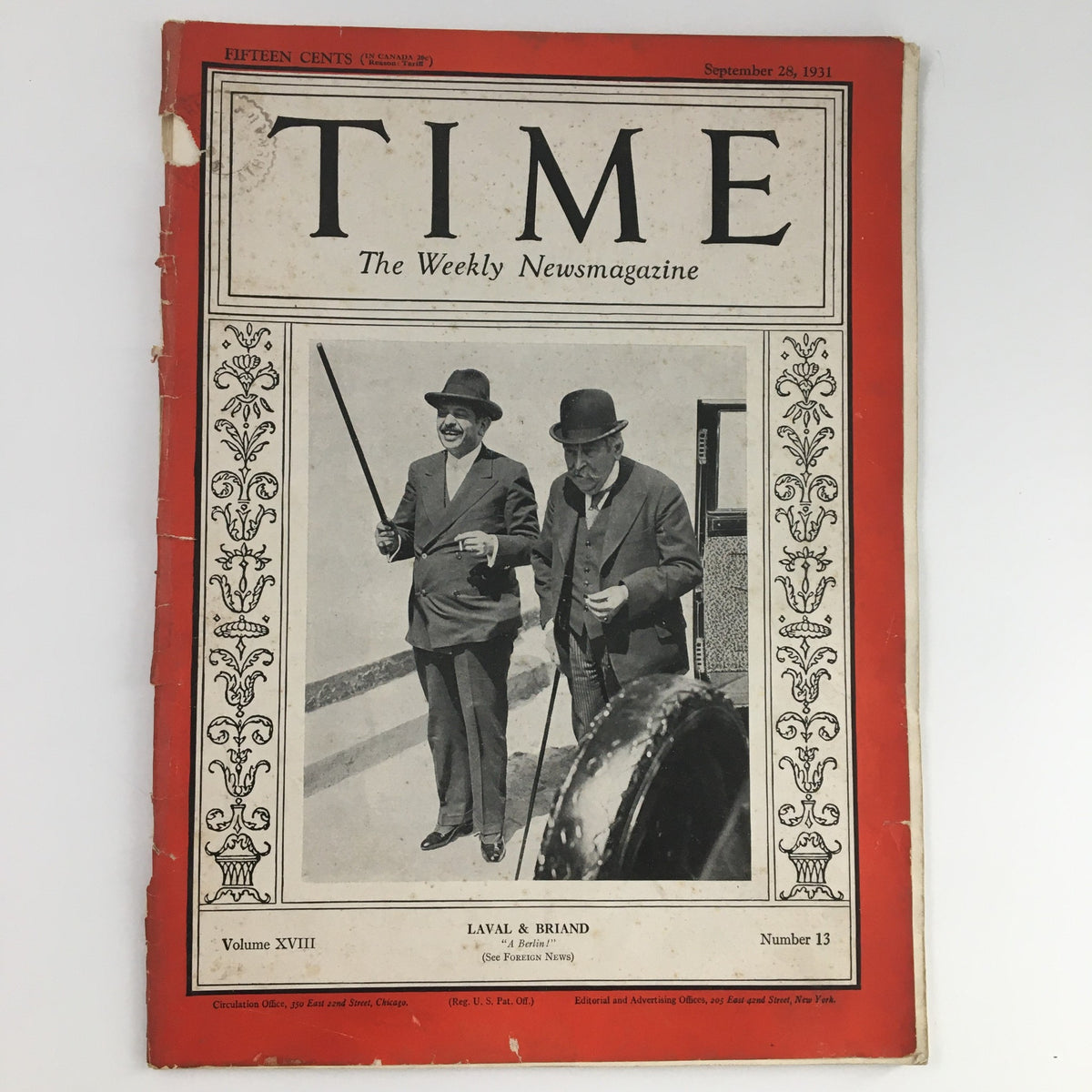 Time Magazine September 28 1931, Vol 18 #13 cover featuring Pierre Laval and Aristide Briand with a vintage design.