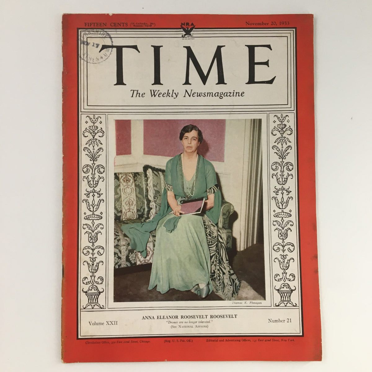 Cover of Time Magazine dated November 20, 1933 featuring First Lady Anna Eleanor Roosevelt, highlighting her impactful role in American history during the Great Depression.