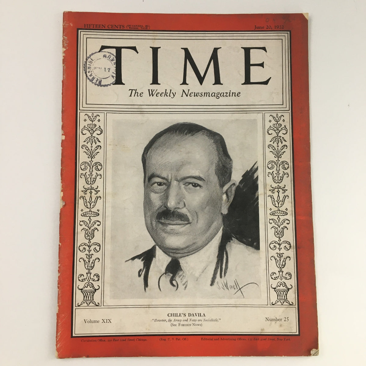 Cover of Time Magazine dated June 20, 1932, featuring Chilean political figure Carlos Dávila. The magazine displays a portrait illustration, highlighting Dávila with bold text and decorative borders.