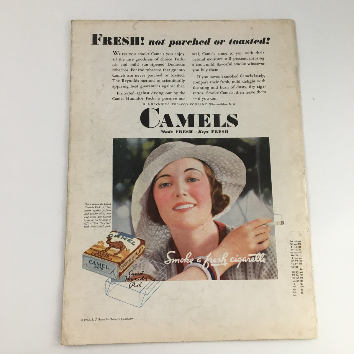 Back cover of Time Magazine June 20 1932 featuring a vintage advertisement for Camel cigarettes, displaying a stylish woman in a hat with a cigarette, emphasizing the freshness and quality of Camel tobacco.