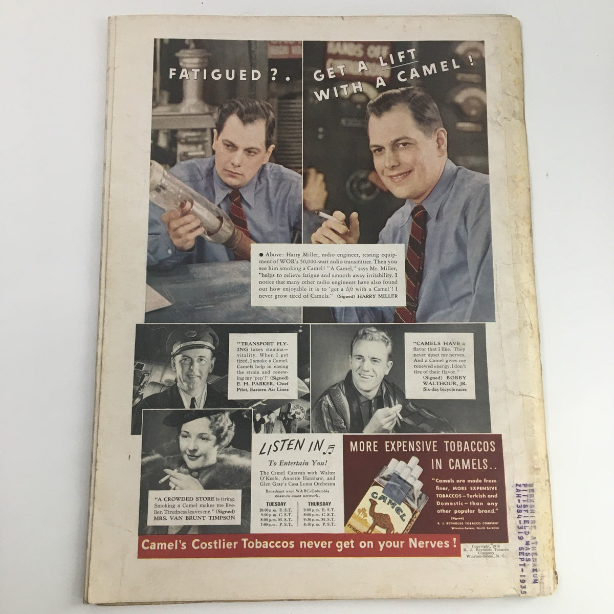Back cover of Time Magazine from March 18, 1935, displaying an advertisement for Camel cigarettes, highlighting the magazine's vintage advertising style.