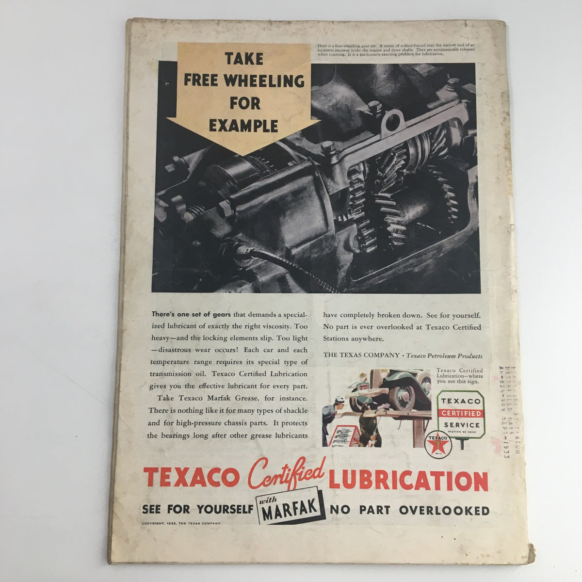 Back cover of Time Magazine July 31, 1933, showcasing an advertisement for Texaco Certified Lubrication.