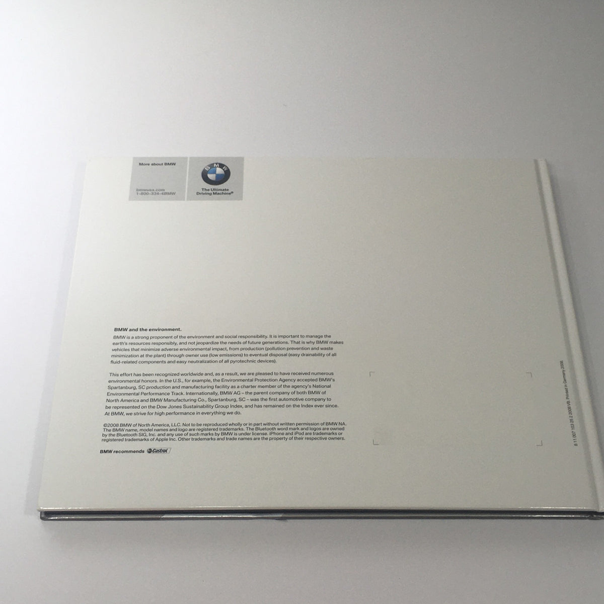 Back cover of the 2008 BMW 7 Series 750i 750Li Dealership Car Auto Brochure Catalog, showcasing information about BMW's environmental responsibility and sustainability initiatives.