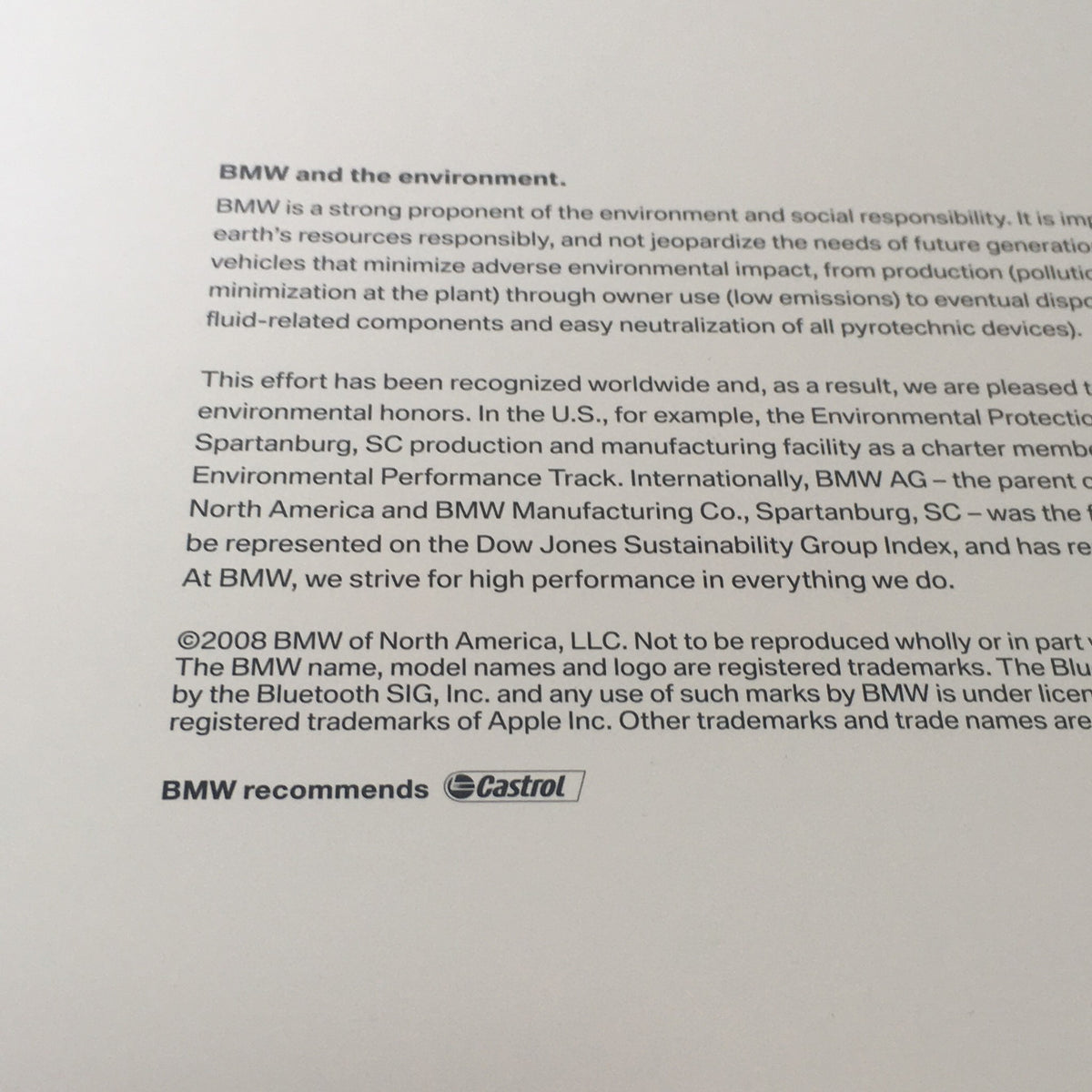 Detailed view of the environmental commitment section in the 2008 BMW 7 Series 750i 750Li Dealership Car Auto Brochure Catalog, highlighting BMW's efforts in minimizing environmental impact.