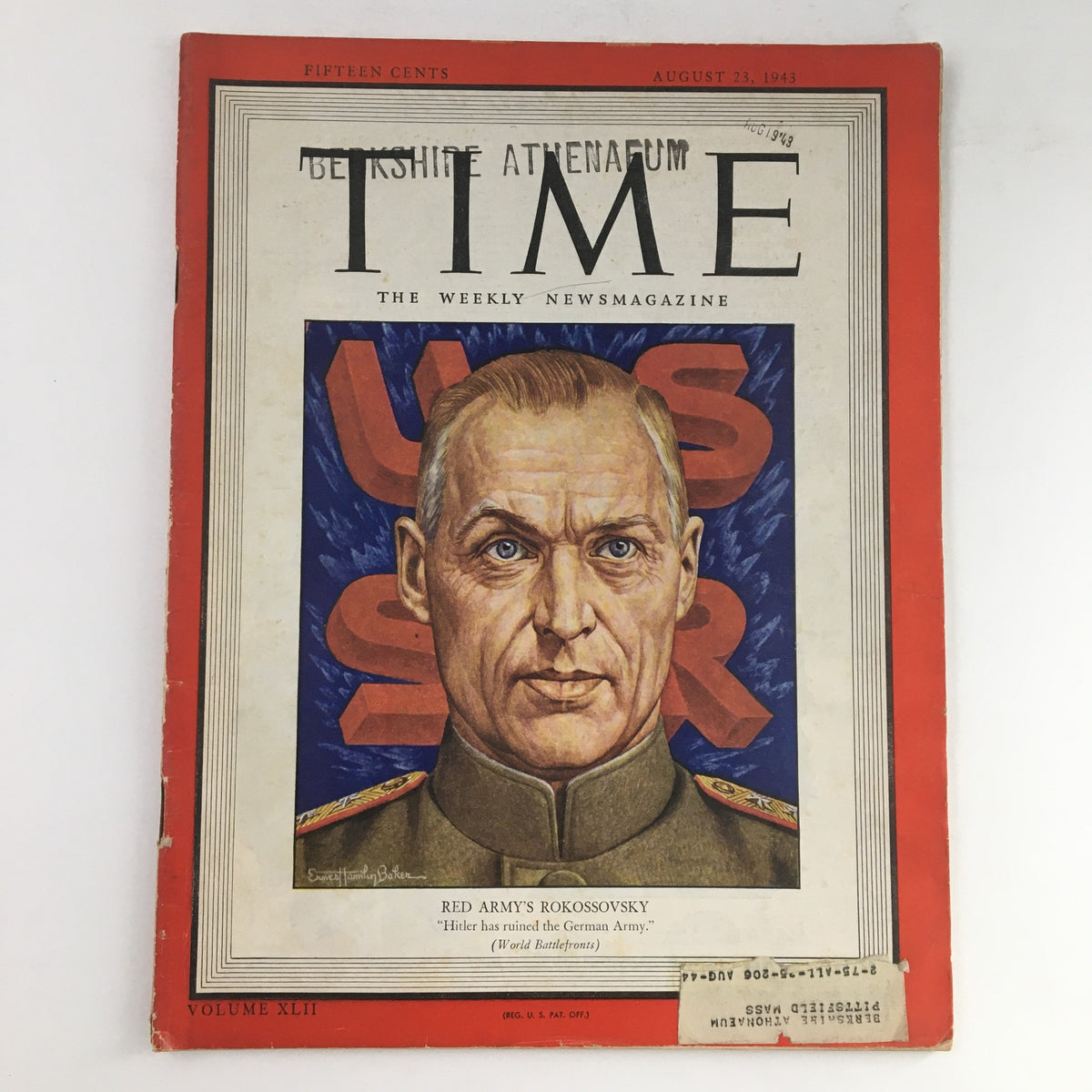 Time Magazine cover from August 23, 1943, featuring Commanding Officer Konstantin Rokossovsky, emblematic of World War II history, showcasing impactful journalism and visual artistry.