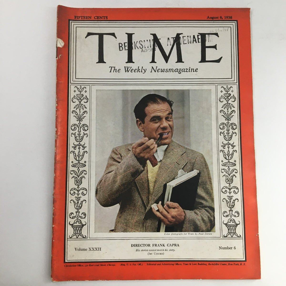 Time Magazine August 8 1938 featuring American-Italian film director Frank Capra on the cover, showcasing his contributions to cinema during a pivotal time in Hollywood.