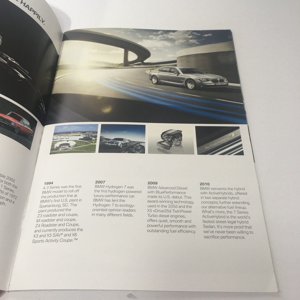 Inside page of the 1994-2010 BMW Full Line 3 Series Model Dealership Car Auto Brochure Catalog, detailing the evolution of BMW models from 1994 to 2010 with images and descriptions of significant innovations.
