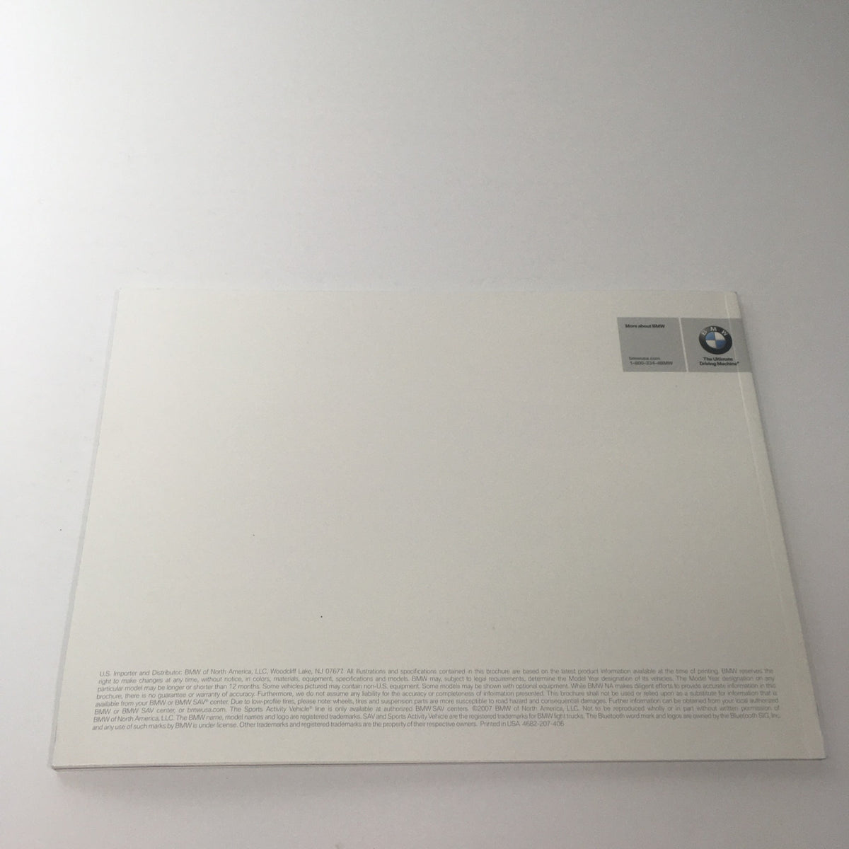 Back cover of the 2007 BMW Full Line 1936-1972 Series Dealership Car Auto Brochure Catalog displaying the BMW logo and catalog information.