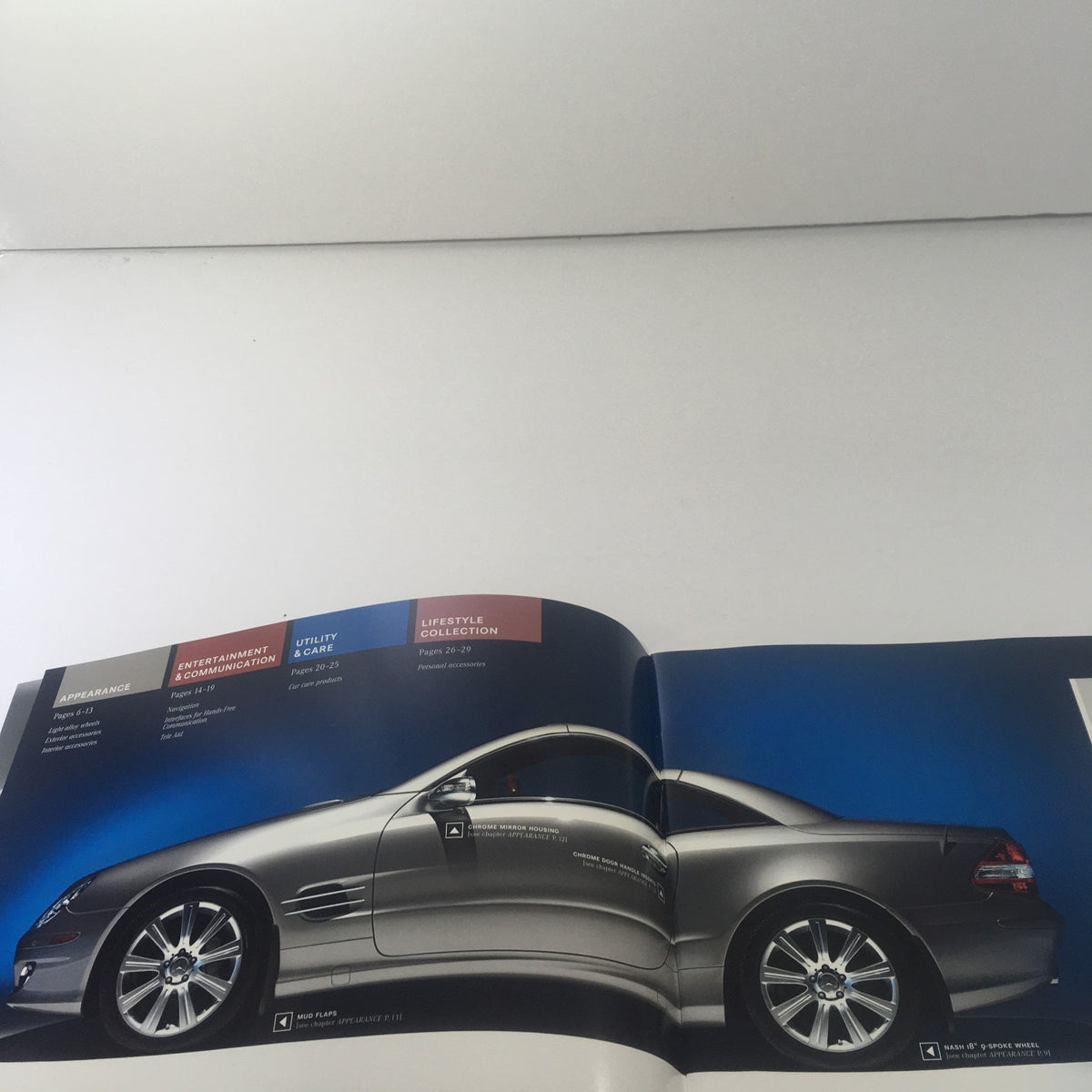 Inside view of the 2006 Mercedes-Benz SL-Class Accessories catalog highlighting entertainment and utility accessories for the SL-Class.