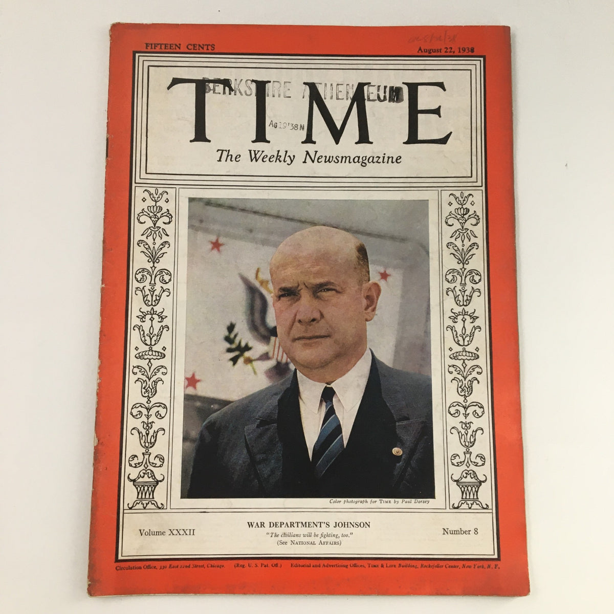 Time Magazine August 22 1938 Vol 32 #8 featuring U.S. Secretary of Defense Louis A. Johnson on the cover with a bold design and prominent text.