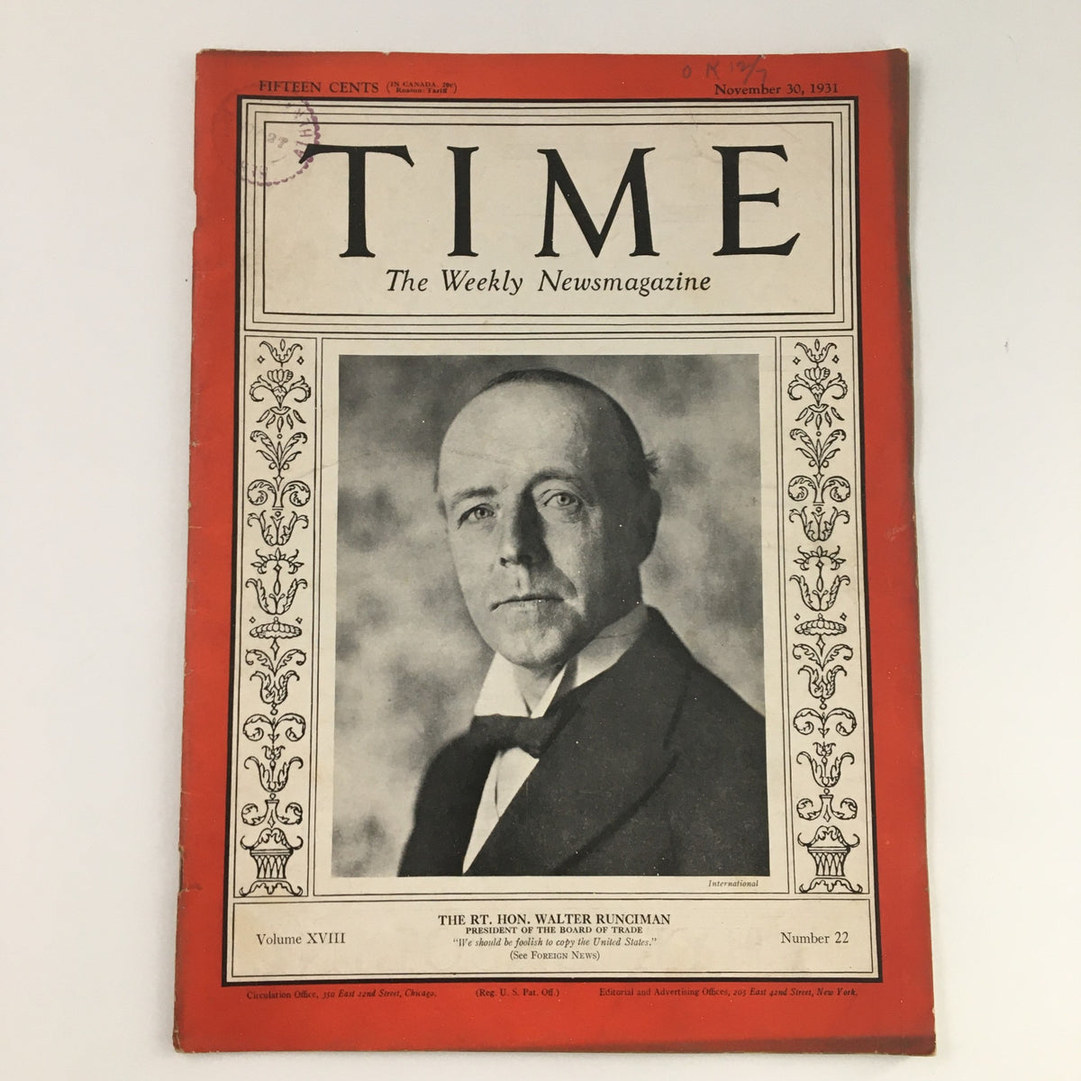 Cover of Time Magazine November 30, 1931, Volume 18, Issue 22 featuring a portrait of Walter Runciman, 1st Viscount Runciman, highlighting early 20th-century journalism and design.