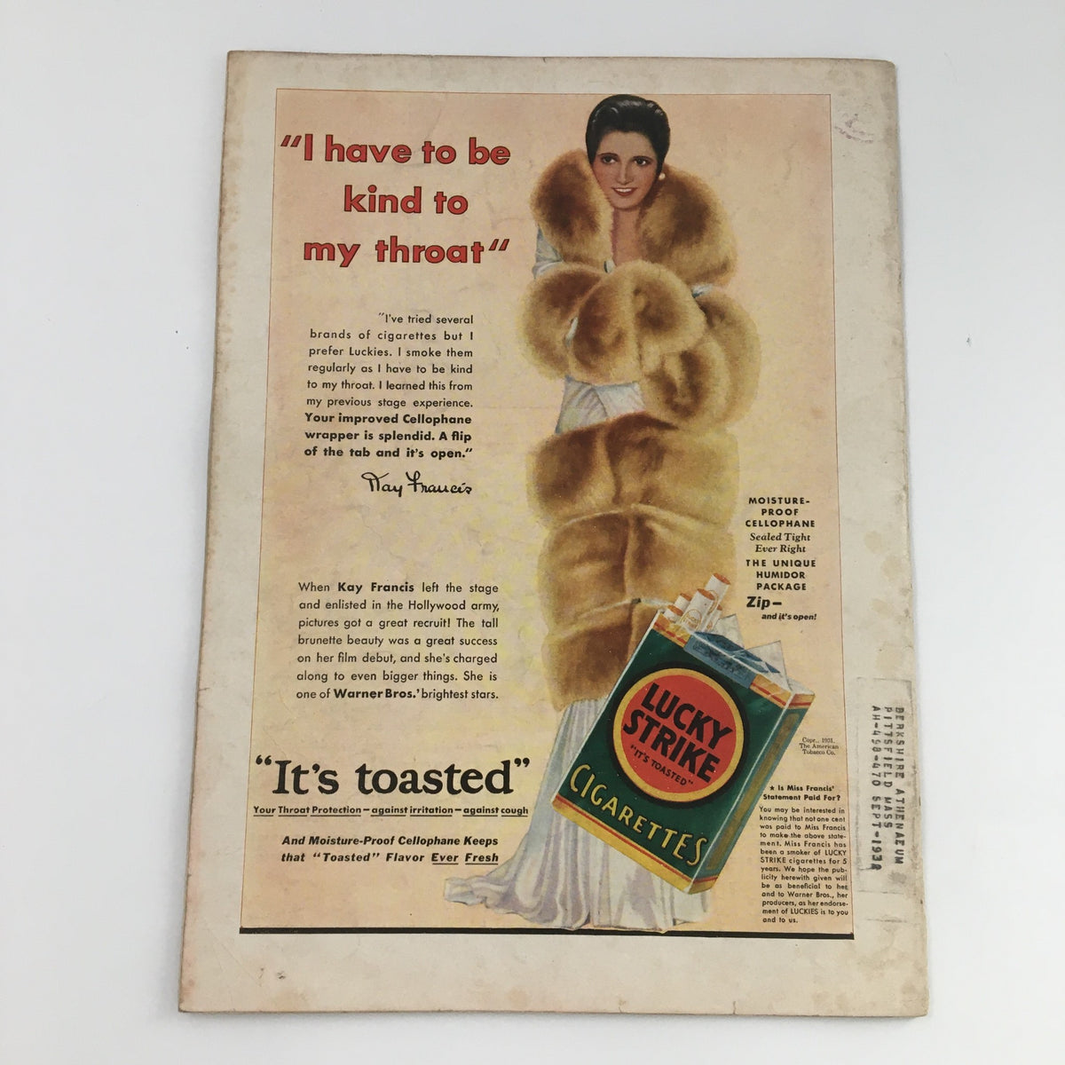 Back cover advertisement from Time Magazine November 30, 1931, showcasing a vintage Lucky Strike cigarette ad featuring actress Kay Francis, exemplifying 1930s marketing aesthetics.
